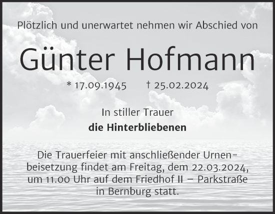 Traueranzeige von Günter Hofmann von Trauerkombi Bernburg