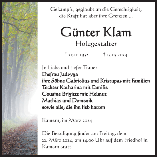 Traueranzeige von Günter Klam von Volksstimme Altmark Ost