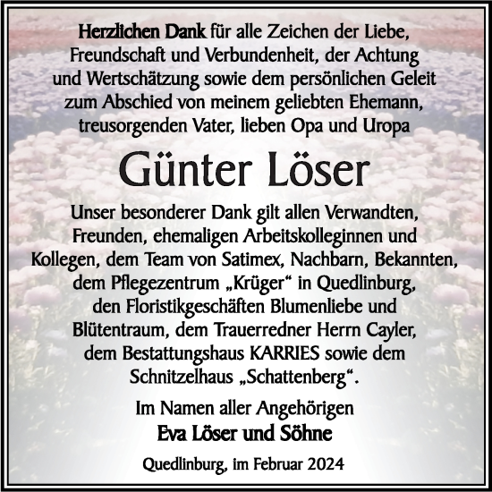 Traueranzeige von Günter Löser von Trauerkombi Quedlinburg