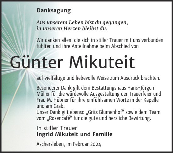Traueranzeige von Günter Mikuteit von Trauerkombi Aschersleben