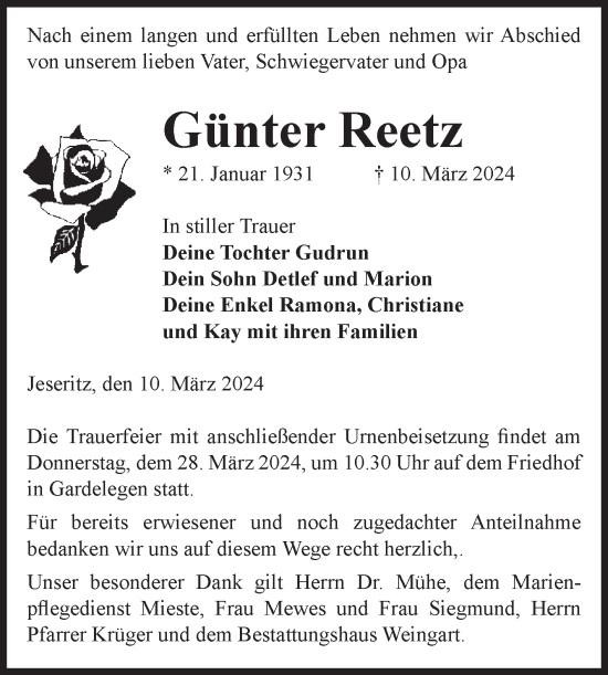Traueranzeige von Günter Reetz von Volksstimme Altmark West