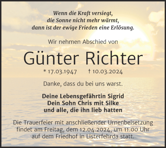 Traueranzeige von Günter Richter von Trauerkombi Wittenberg