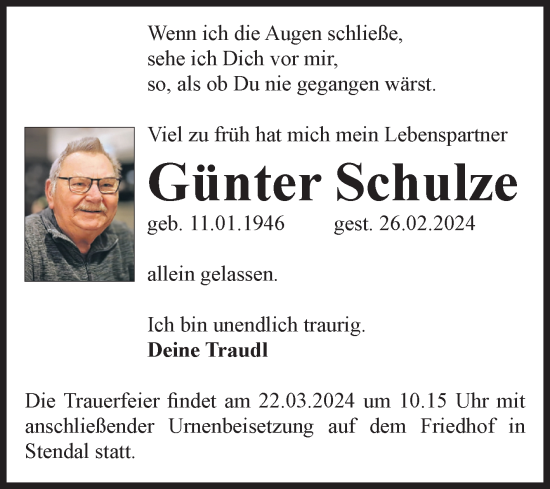 Traueranzeige von Günter Schulze von Volksstimme Altmark Ost