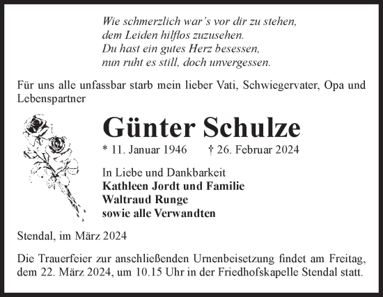 Traueranzeige von Günter Schulze von Volksstimme Altmark Ost