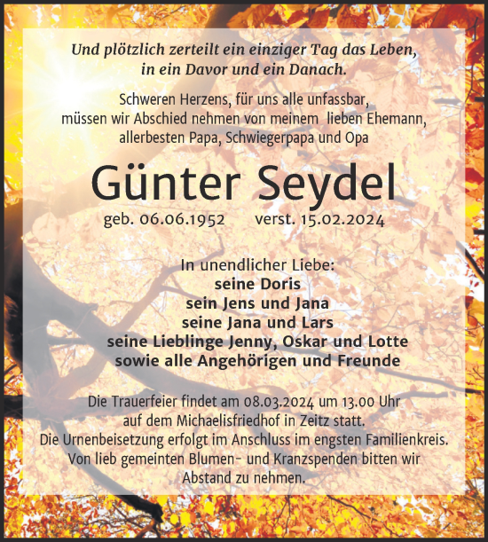 Traueranzeige von Günter Seydel von Trauerkombi Zeitz