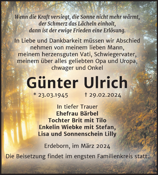 Traueranzeige von Günter Ulrich von Trauerkombi Mansfelder Land