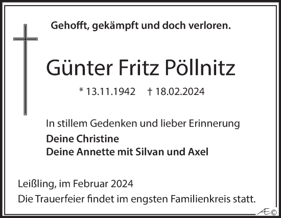 Traueranzeige von Günter Fritz Pöllnitz von Trauerkombi Weißenfels