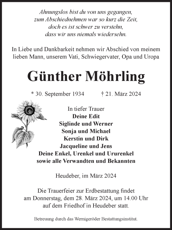 Traueranzeige von Günther Möhrling von Volksstimme Wernigerode