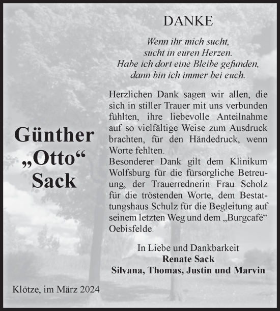 Traueranzeige von Günther Sack von Volksstimme Altmark West