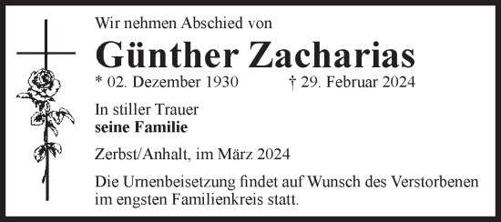 Traueranzeige von Günther Zacharias von Volksstimme Zerbst