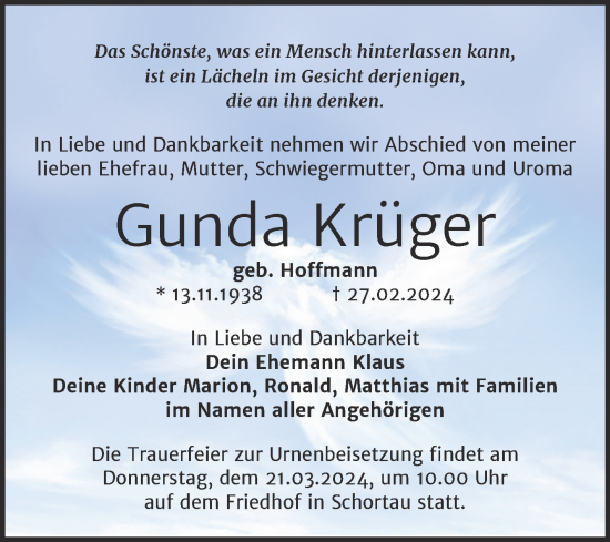 Traueranzeige von Gunda Krüger von Trauerkombi Merseburg