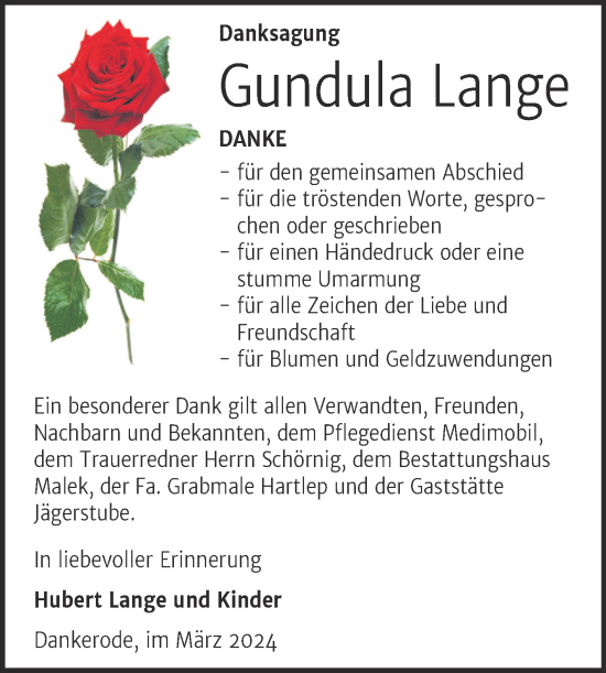 Traueranzeige von Gundula Lange von Trauerkombi Quedlinburg