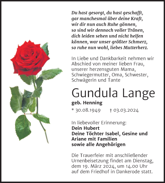 Traueranzeige von Gundula Lange von Trauerkombi Quedlinburg