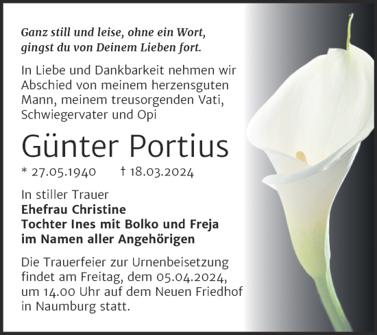 Traueranzeige von Gunter Portius von Naumburger Tageblatt