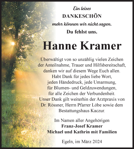 Traueranzeige von Hanne Kramer von Volksstimme Staßfurt