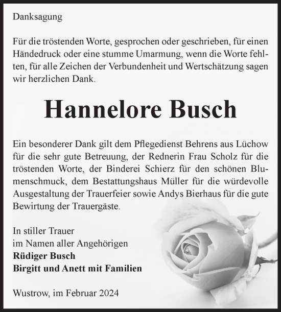 Traueranzeige von Hannelore Busch von Volksstimme Altmark West