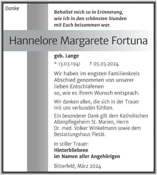 Traueranzeige von Hannelore  Fortuna von Trauerkombi Bitterfeld