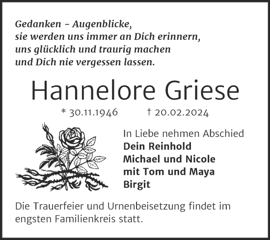 Traueranzeige von Hannelore Griese von Mitteldeutsche Zeitung Halle/Saalkreis