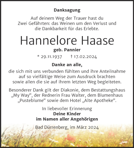 Traueranzeige von Hannelore Haase von Trauerkombi Merseburg