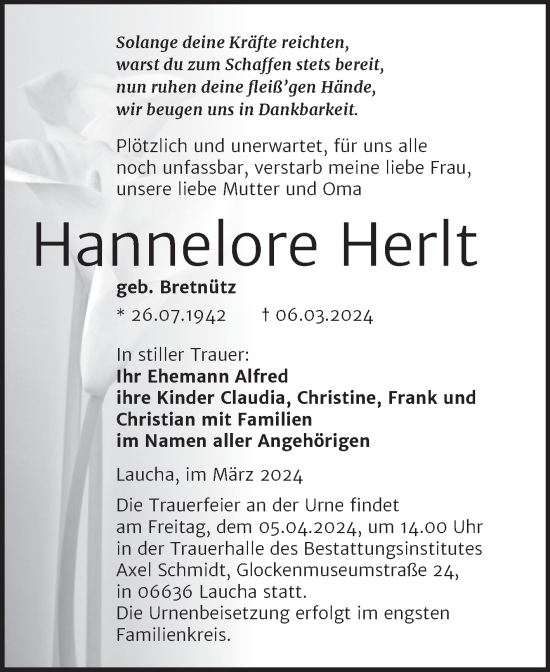 Traueranzeige von Hannelore Herlt von Naumburger Tageblatt