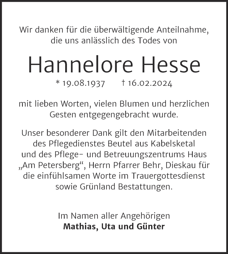 Traueranzeigen von Hannelore Hesse www.abschiednehmen.de