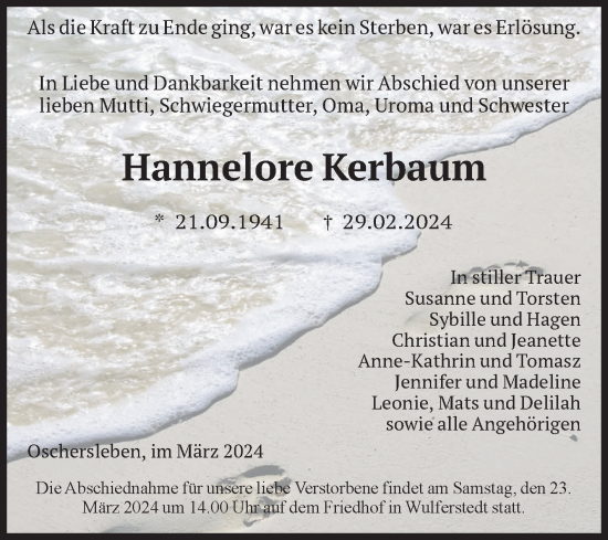 Traueranzeige von Hannelore Kerbaum von Volksstimme Oschersleben/Wanzleben