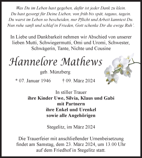 Traueranzeige von Hannelore Mathews von Volksstimme Burg/Genthin