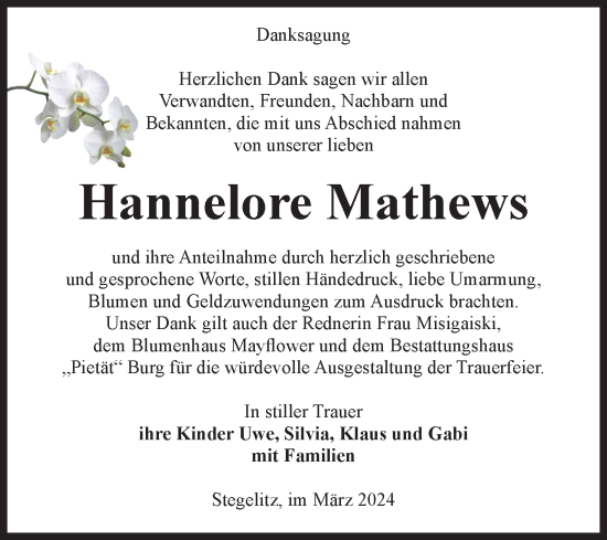 Traueranzeige von Hannelore Mathews von Volksstimme Burg/Genthin