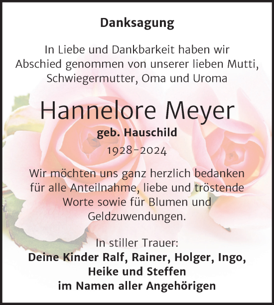 Traueranzeige von Hannelore Meyer von Trauerkombi Weißenfels