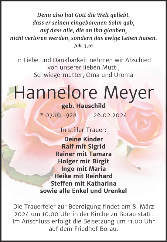 Traueranzeige von Hannelore Meyer von Mitteldeutsche Zeitung Weißenfels