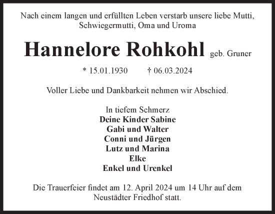 Traueranzeige von Hannelore Rohkohl von Volksstimme Magdeburg