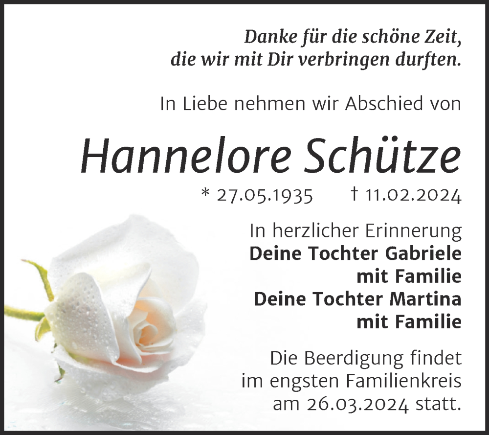  Traueranzeige für Hannelore Schütze vom 25.03.2024 aus Mitteldeutsche Zeitung Quedlingburg