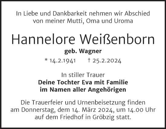 Traueranzeige von Hannelore Weißenborn von Trauerkombi Köthen