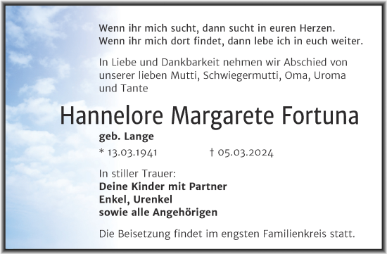 Traueranzeige von Hannelore Margarete Fortuna von Trauerkombi Bitterfeld