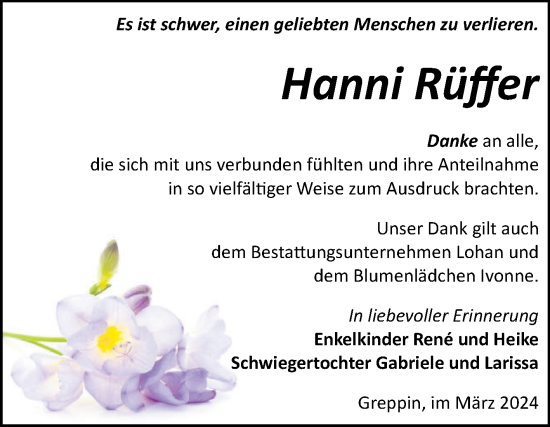 Traueranzeige von Hanni Rüffer von Trauerkombi Bitterfeld
