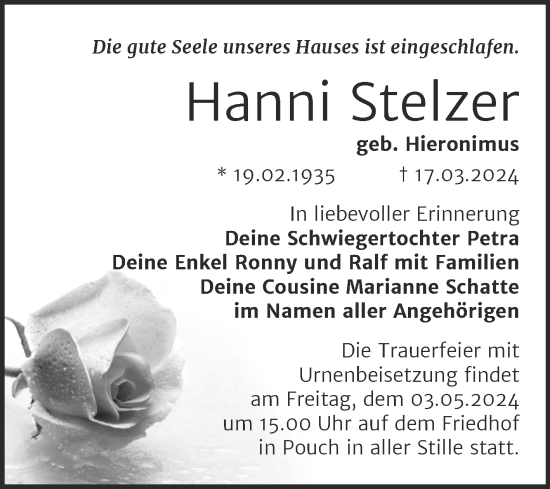 Traueranzeige von Hanni Stelzer von Trauerkombi Bitterfeld