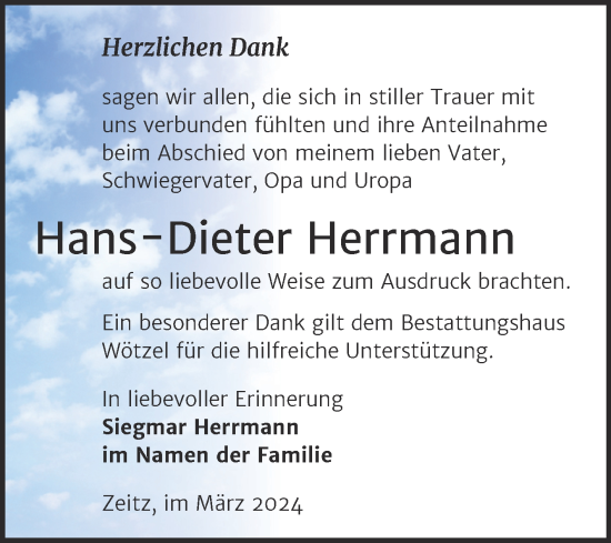 Traueranzeige von Hans-Dieter Herrmann von Trauerkombi Zeitz