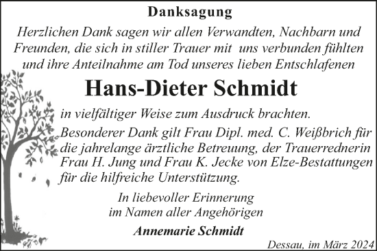 Traueranzeige von Hans-Dieter Schmidt von Trauerkombi Dessau