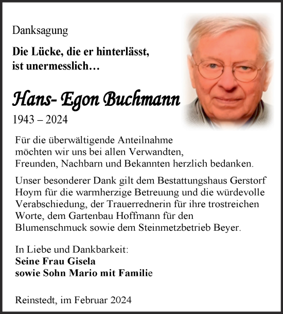 Traueranzeige von Hans-Egon Buchmann von Trauerkombi Quedlinburg