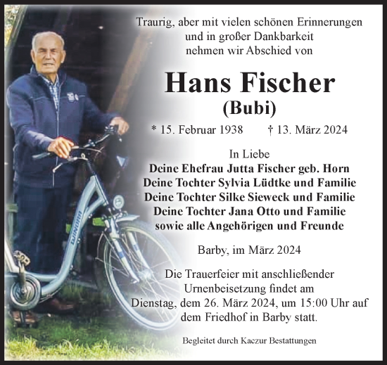 Traueranzeige von Hans Fischer von Volksstimme Schönebeck
