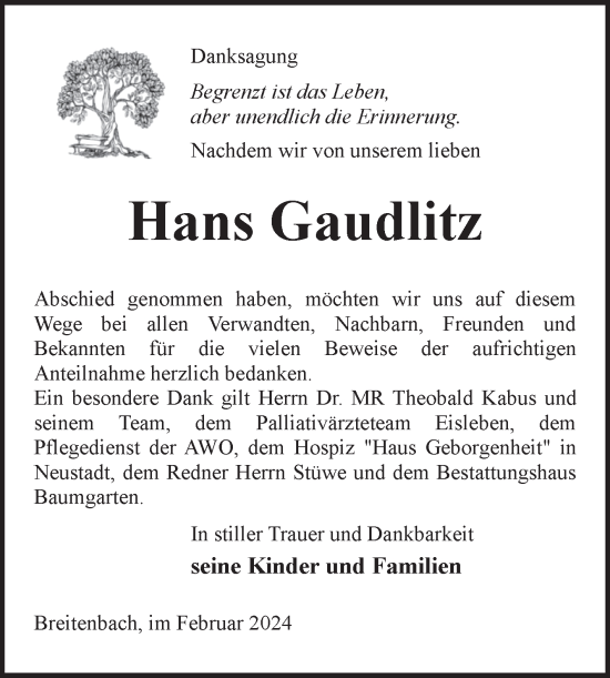 Traueranzeige von Hans Gaudlitz von Trauerkombi Sangerhausen