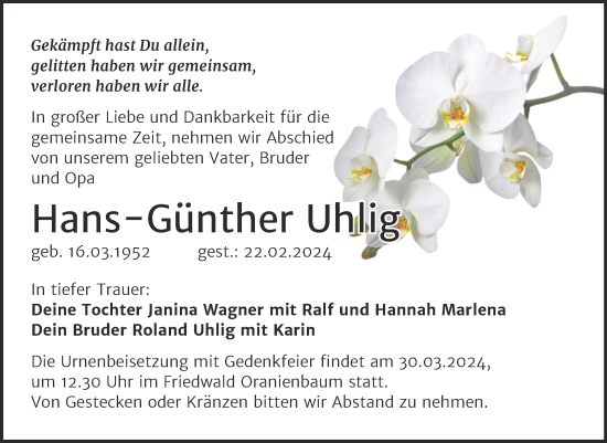 Traueranzeige von Hans-Günther Uhlig von Trauerkombi Wittenberg