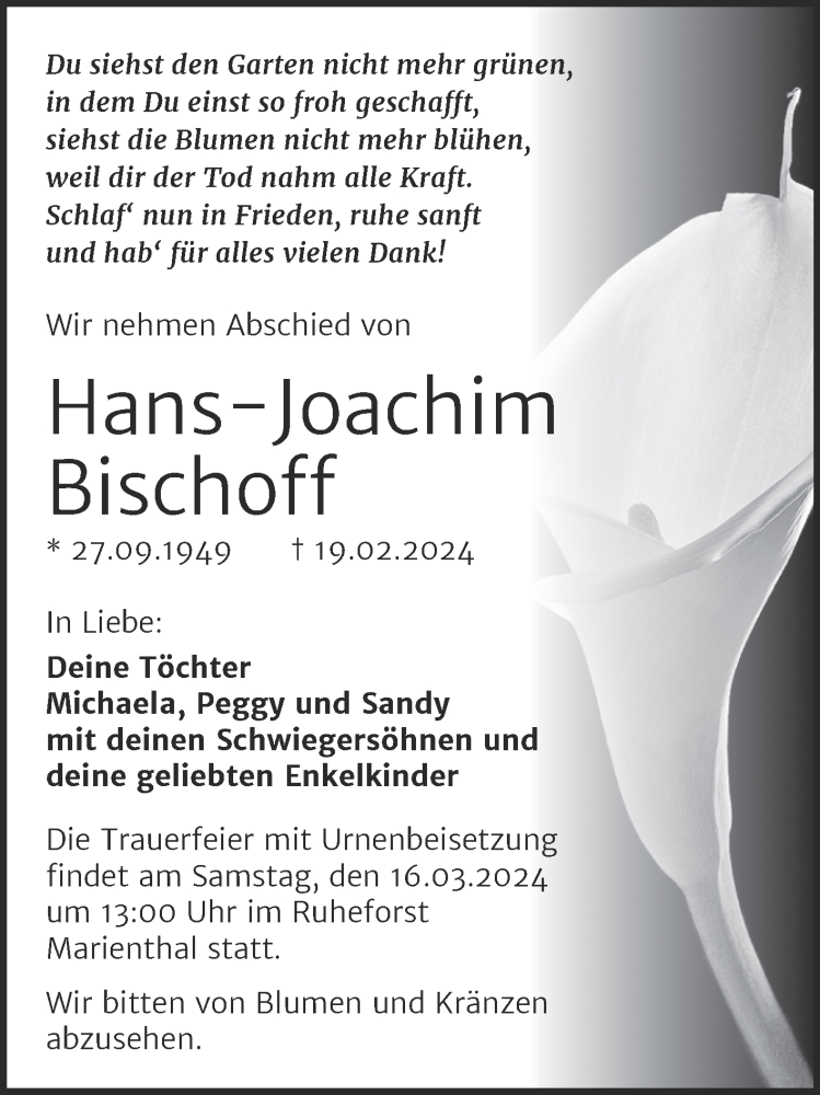  Traueranzeige für Hans-Joachim Bischoff vom 02.03.2024 aus Super Sonntag Naumburg/Nebra