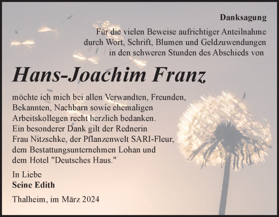 Traueranzeige von Hans-Joachim Franz von Trauerkombi Bitterfeld