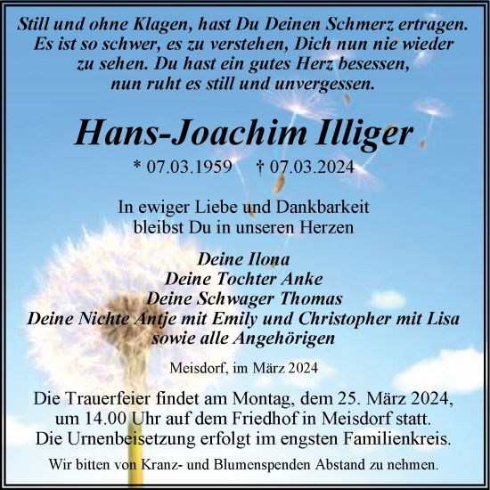 Traueranzeige von Hans-Joachim Illiger von Trauerkombi Quedlinburg