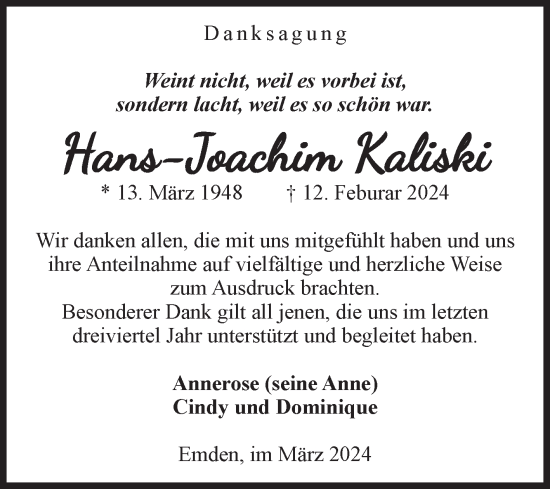 Traueranzeige von Hans-Joachim Kaliski von Volksstimme Haldensleben/Wolmirstedt