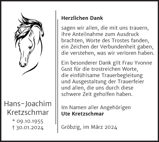 Traueranzeige von Hans-Joachim Kretzschmar von Trauerkombi Köthen
