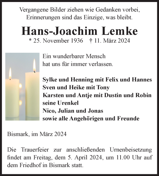 Traueranzeige von Hans-Joachim Lemke von Volksstimme Altmark Ost