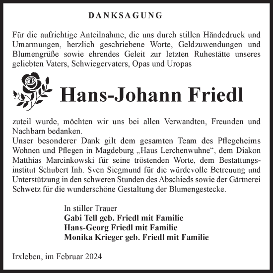 Traueranzeige von Hans-Johann Friedl von Volksstimme Magdeburg