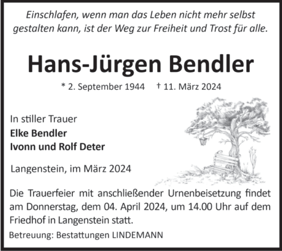 Traueranzeige von Hans-Jürgen Bendler von Volksstimme Halberstadt